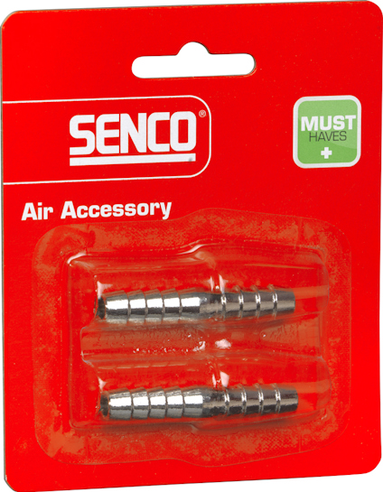 Två metallnipplar för slang på röd förpackning med Senco-logotyp och texten "Air Accessory".