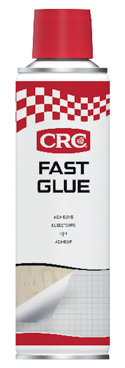 Aerosolspray med röd keps och vit etikett med texten "CRC FAST GLUE" och rutigt mönster.