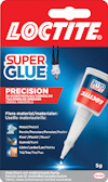 Förpackning med Loctite Super Glue Precision 5g, blå och röd etikett, appliceringspip.