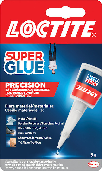 Förpackning med Loctite Super Glue Precision 5g, blå och röd etikett, appliceringspip.