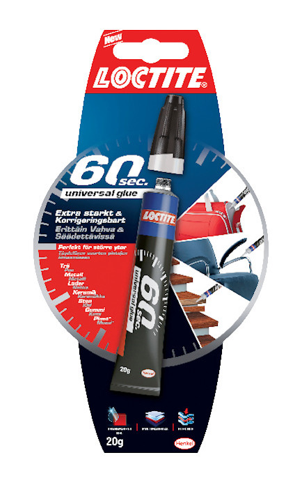 Förpackning av universallim Loctite 60 sec, visar en tub och bilder på möbler som kan limmas.