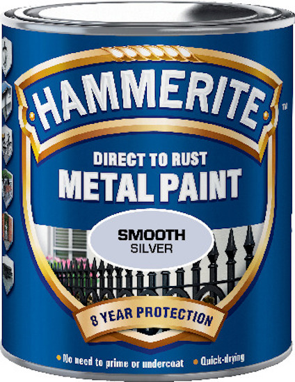 Blå burk med Hammertite Direct to Rust Metal Paint, Silver. Text om 8 års skydd, ingen grundning behövs, snabb torktid.