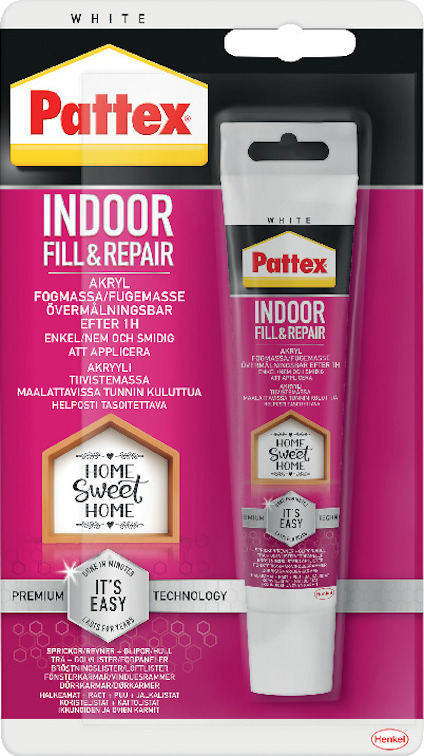 Förpackning för Pattex akrylfog fill and repair, vit, med text och logotyp.