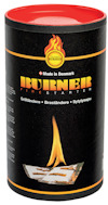 Cylindrisk förpackning märkt "BURNER" med en bild av en låga och text som visar användning för bras- och grilltändning.