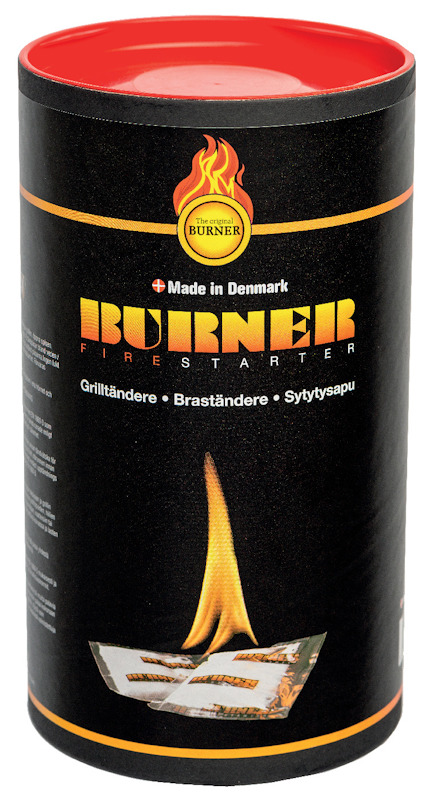 Cylindrisk förpackning märkt "BURNER" med en bild av en låga och text som visar användning för bras- och grilltändning.