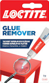 Förpackning med Loctite superlimborttagare, innehållande tub och informationstext på flera språk.