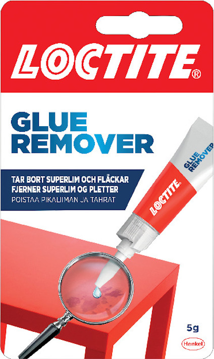 Förpackning med Loctite superlimborttagare, innehållande tub och informationstext på flera språk.
