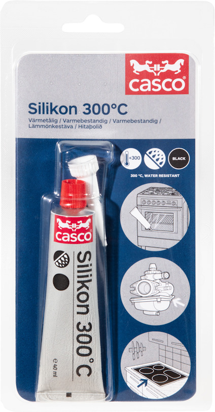Förpackning med Casco Silikon 300°C i en tub, med text och illustrationer av användningsområden.