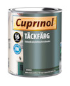 Burk med Cuprinol täckfärg för träfasader, etiketterad med text om hållbarhet och torktid, mot en svart bakgrund.