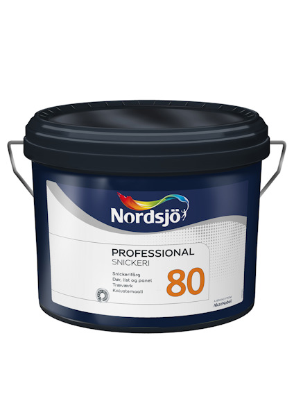 Mörkblå burk med etikett "Nordsjö Professional Snickeri 80", skala i orange.
