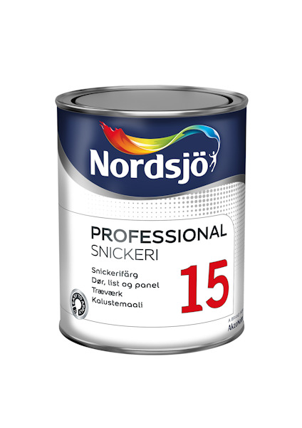 Färgburk med Nordsjö-logga, texten "PROFESSIONAL SNICKERI" och siffran 15 på etiketten.