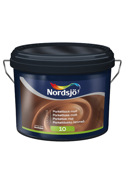 Plåthink med svart lock och handtag, märkt "Nordsjö" och "Parkettlack matt".