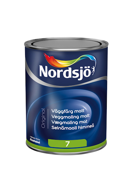 Burk med Nordsjö väggfärg, blå etikett med flerfärgad logotyp, text "Väggfärg matt" på flera språk.