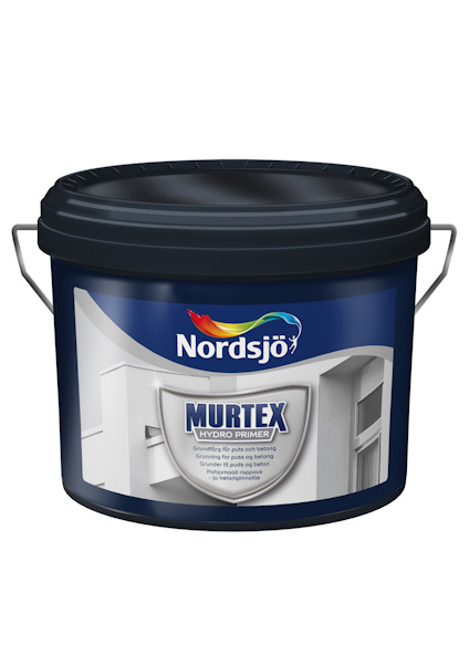 Hink med svart lock och etikett med texten "Murtex Hydro Primer Nordsjö".