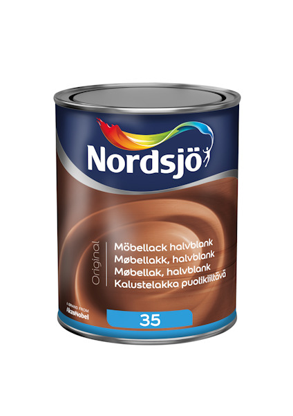 Burk med Nordsjö möbellack i halvblank finish, etikett med färgstarkt logotyp och text på flera språk, nummer 35 synligt.