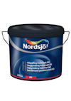 Färgbehållare "Nordsjö Original" med svart lock och etikett i mörkblått med text på flera språk samt logotyp i regnbågsfärger.