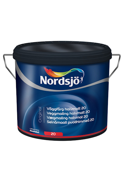 Färgbehållare "Nordsjö Original" med svart lock och etikett i mörkblått med text på flera språk samt logotyp i regnbågsfärger.