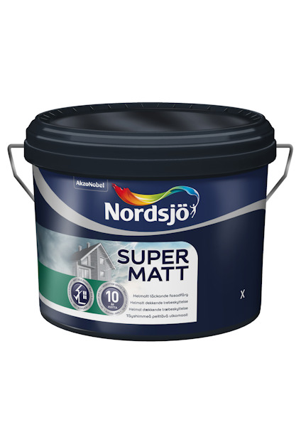 Mörkblå målarburk med etikett "Nordsjö Super Matt", bild av hus och färgglad logotyp.