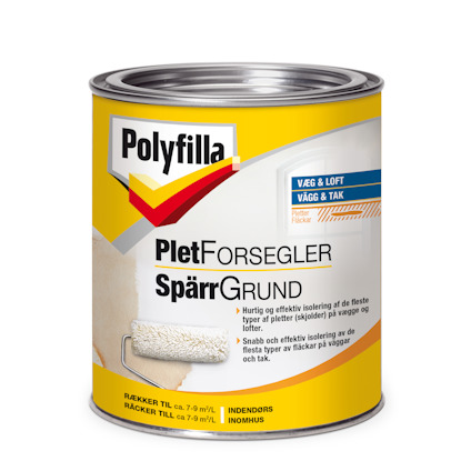 Burk med Polyfilla Spärrgrund för inomhusbruk, etikett med text på danska och svenska, visar en målarroller.