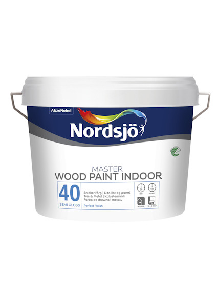 Vit färgburk med texten "Nordsjö Master Wood Paint Indoor 40 Semi Gloss".