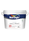 Hink med Nordsjö väggfärg, etikett med texten "MASTER WALL PAINT 20" och logotyper.