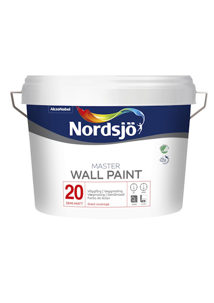 Hink med Nordsjö väggfärg, etikett med texten "MASTER WALL PAINT 20" och logotyper.