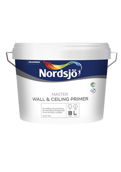 Vit burk med texten "Nordsjö Master Wall & Ceiling Primer".