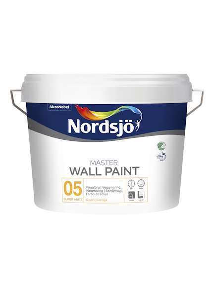 Vit färgburk märkt "Nordsjö Master Wall Paint 05 Super Matt".