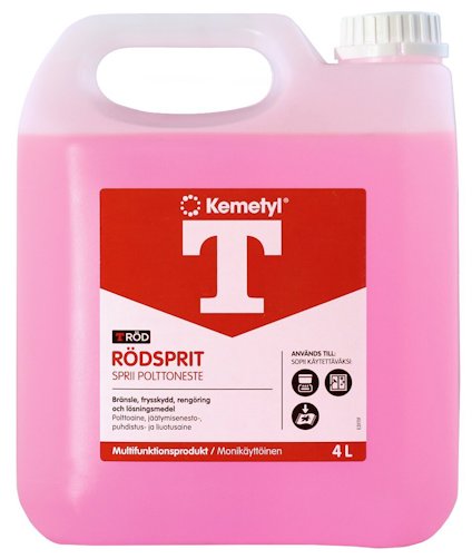 Kemetyl T-Röd rödsprit i en fyraliters genomskinlig plastdunk med röd etikett och vit text.