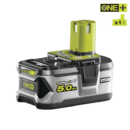 Ryobi One+ 18V 5.0Ah batteri med svart och grå design och gröna detaljer, visas mot en vit bakgrund.
