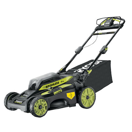 Grön och svart batteridriven gräsklippare med texten "BRUSHLESS". Justerbart handtag och gräsuppsamlare.