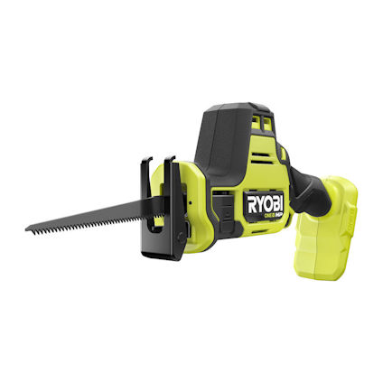 Grön och svart tigersåg med märket "RYOBI" synligt på sidan, laddningsport i handtaget.