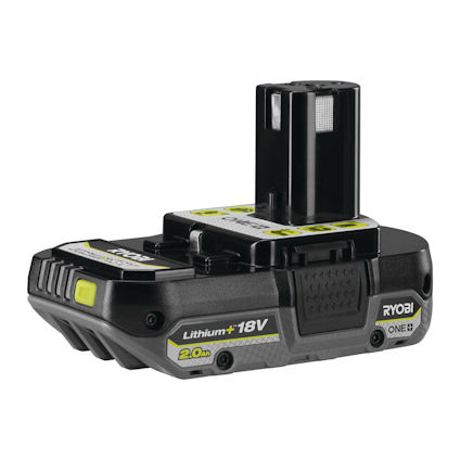 Svart och grått batteri märkt "Lithium+ 18V 2.0Ah", med en grön och svart etikett, RYOBI ONE+.