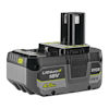 Batteri med etikett "Lithium+ 18V 4.0Ah", svart och grön design med fäste ovanpå. Märkt "RYOBI" och "ONE+".