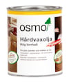 Hårdvaxolja burk med etikett text: OSMO Hårdvaxolja. Pigmenterad. För golv, paneler och möbler av trä. Sidenmatt