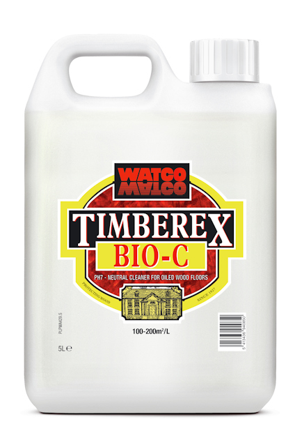 Plastdunk med Timberex Bio-C golvrengöring med rött och gul etikett och svart text. Rymmer 5 liter.
