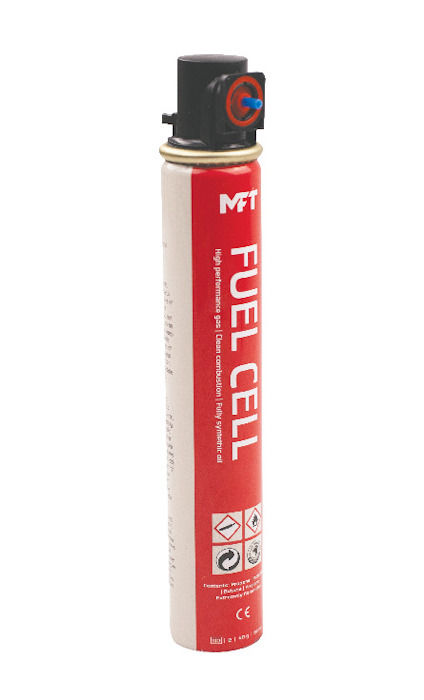 Röd och vit bränslecell med texten "MFT FUEL CELL" och varningssymboler.
