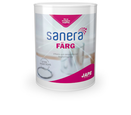 Förpackning med rengöringsmedel Sanera Färg 1L, Jape-varumärke, vit och rosa etikett.