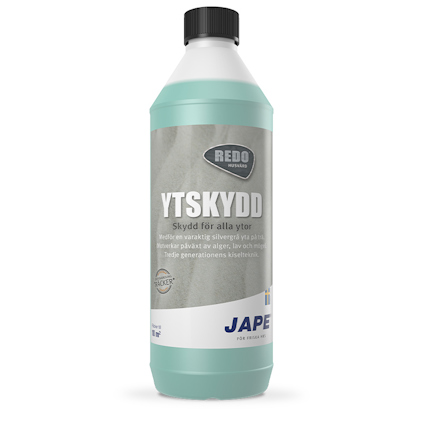 Flaska med grön vätska och etikett: "YTSKYDD - Skydd för alla ytor". Märken "REDO" och "JAPE".