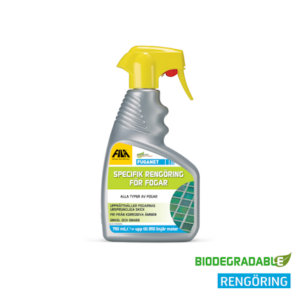 Sprayflaska med etiketttext "SPECIFIK RENGÖRING FÖR FOGAR" och varumärket Fuganet. Märkning "BIODEGRADABLE RENGÖRING".