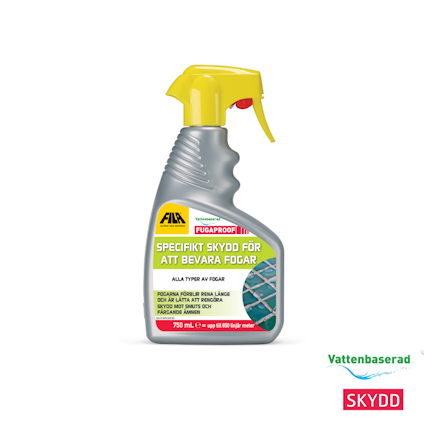 Sprayflaska med etiketten "SPECIFIKT SKYDD FÖR ATT BEVARA FOGAR". Texten "Vattenbaserad" och "SKYDD" bredvid.