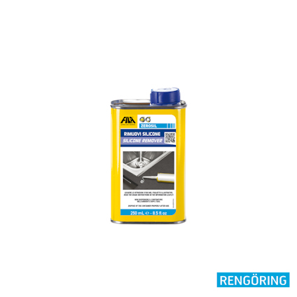 Gul burk med blå kork och etiketttexten "FILA Zero Sil Rimouve Silicone Silicone Remover 250 ml".