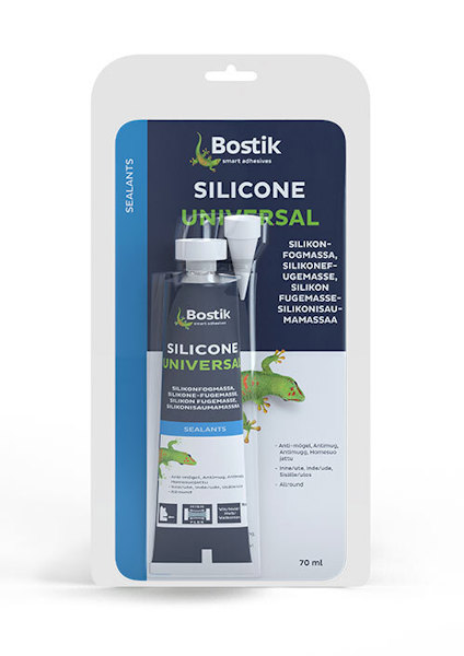 Förpackning med Bostik Silicone Universal och applikationstopp, text på flera språk.