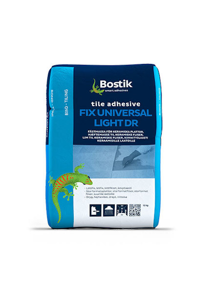 Förpackning med Bostik FIX UNIVERSAL LIGHT DR kakellim, illustration av en grön gecko och text på blå och vit bakgrund.