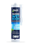 Förpackning av silikonfogmassa för våtrum i ljusgrå färg, märkt "Bostik Silicone Wetroom".