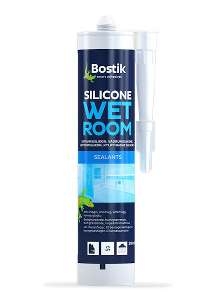 Förpackning av silikonfogmassa för våtrum i ljusgrå färg, märkt "Bostik Silicone Wetroom".