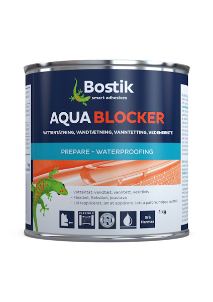 Förpackning med etikett för Aqua Blocker av märket Bostik, beskriver vattentätningsegenskaper.
