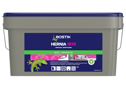 Förpackning av tapetlim med etikett "Bostik Hernia 1870", motiv av en grön ödla.