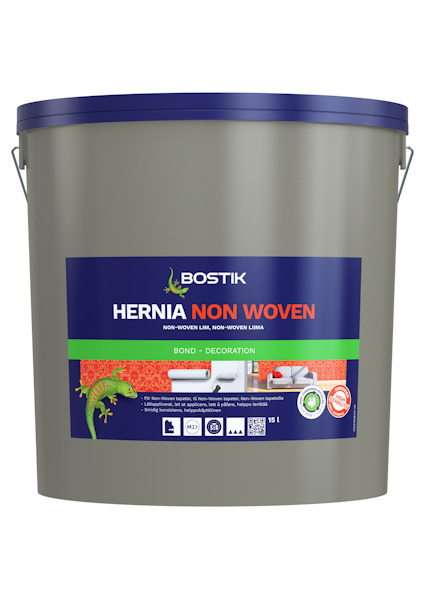 Grå hink med blå etikett och texten "Bostik Hernia Non Woven". Visar ikoner för användning och säkerhet.