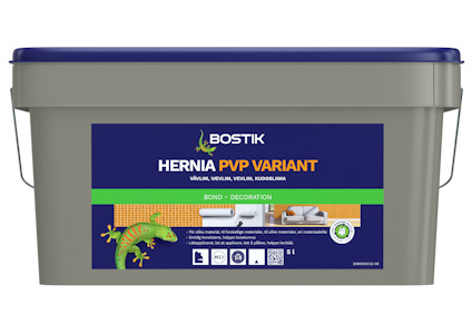 Rektangulär plastbehållare för lim, med texten "Bostik Hernia PVP Variant", dekorerad med en gecko.